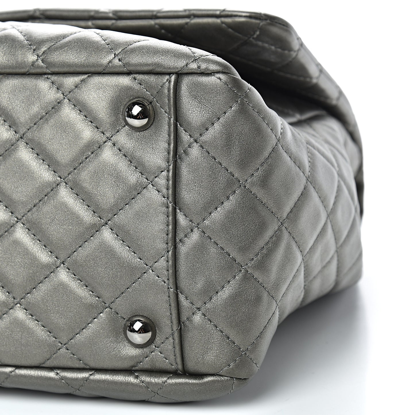Metallic Calfskin Quilted XXL Travel Flap Bag Dark Silver