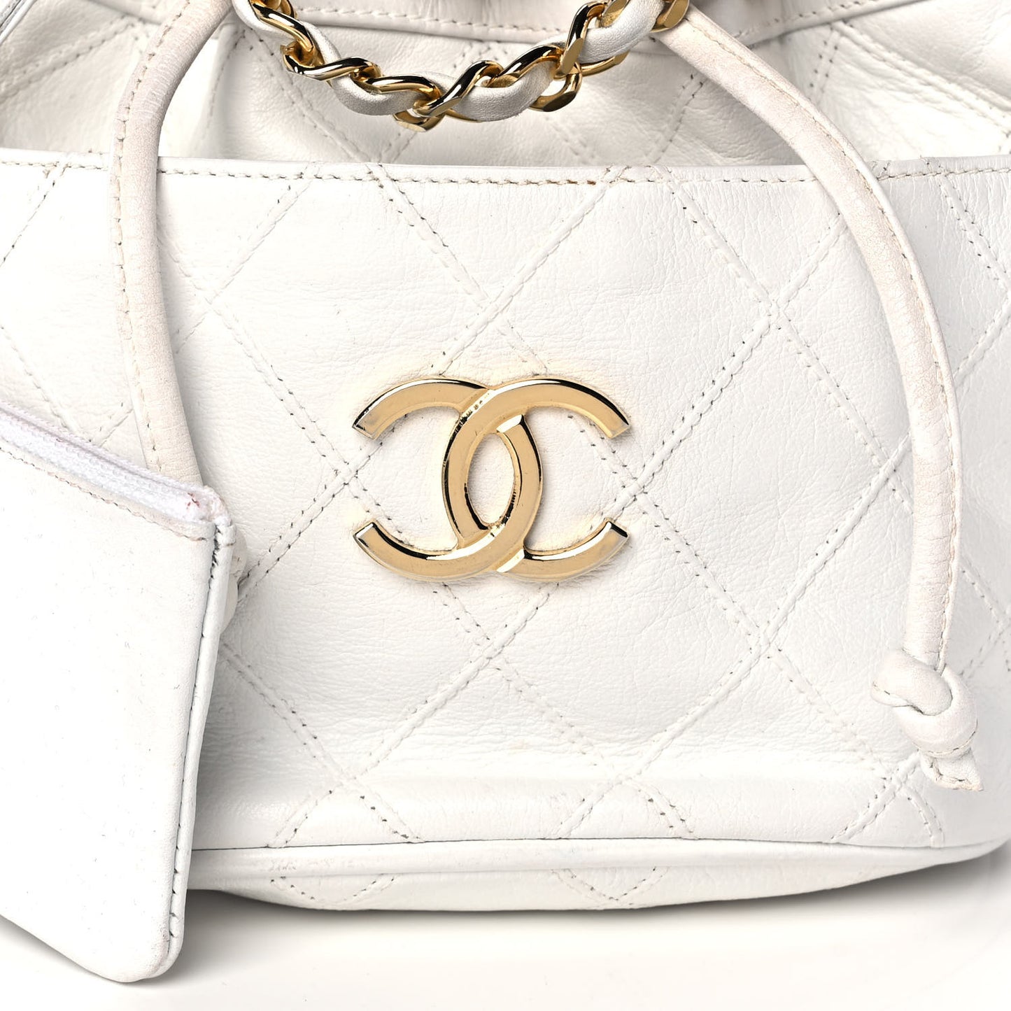 Calfskin Quilted CC Drawstring Bag White