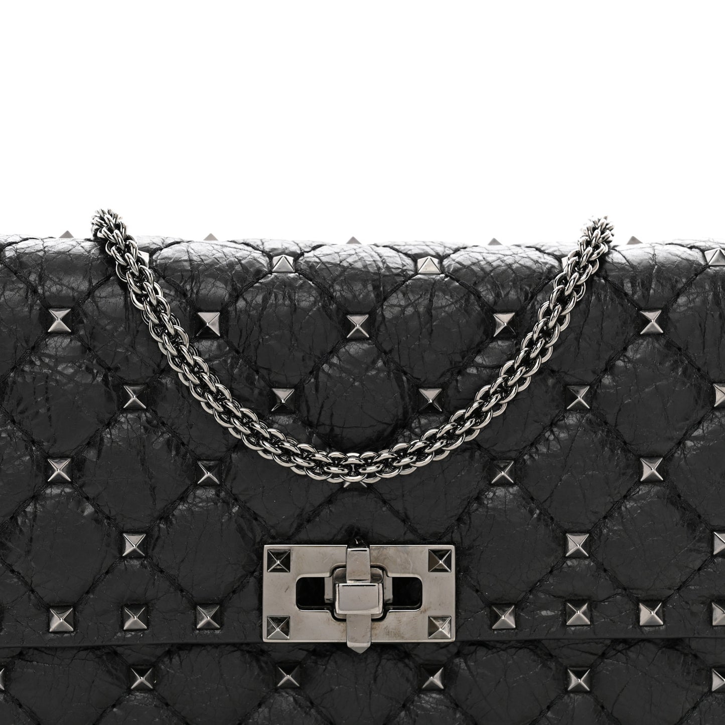 Craquele Nappa Rockstud Spike Wallet on Chain Black