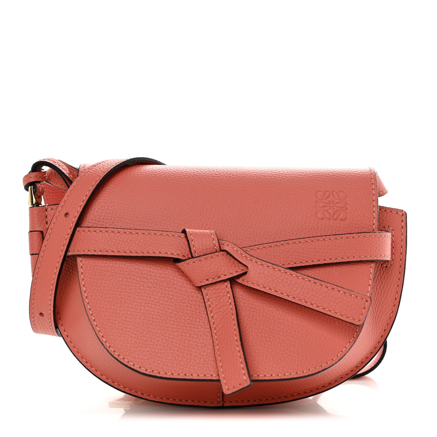front view image of a LOEWE Pebble Grain Calfskin Mini Gate Dual Bag in the olor Pink Tulip by FASHIONPHILE