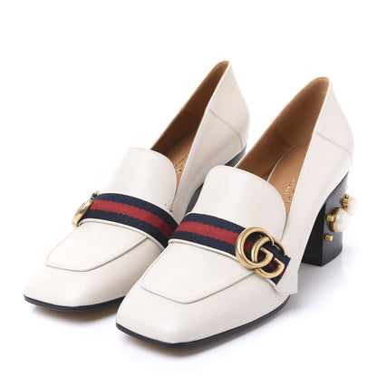 Gucci Betis Glamour Calfskin Web Pearl Embellished Peyton 75mm Loafer Pumps 38.5 Mystic White 2 of 9