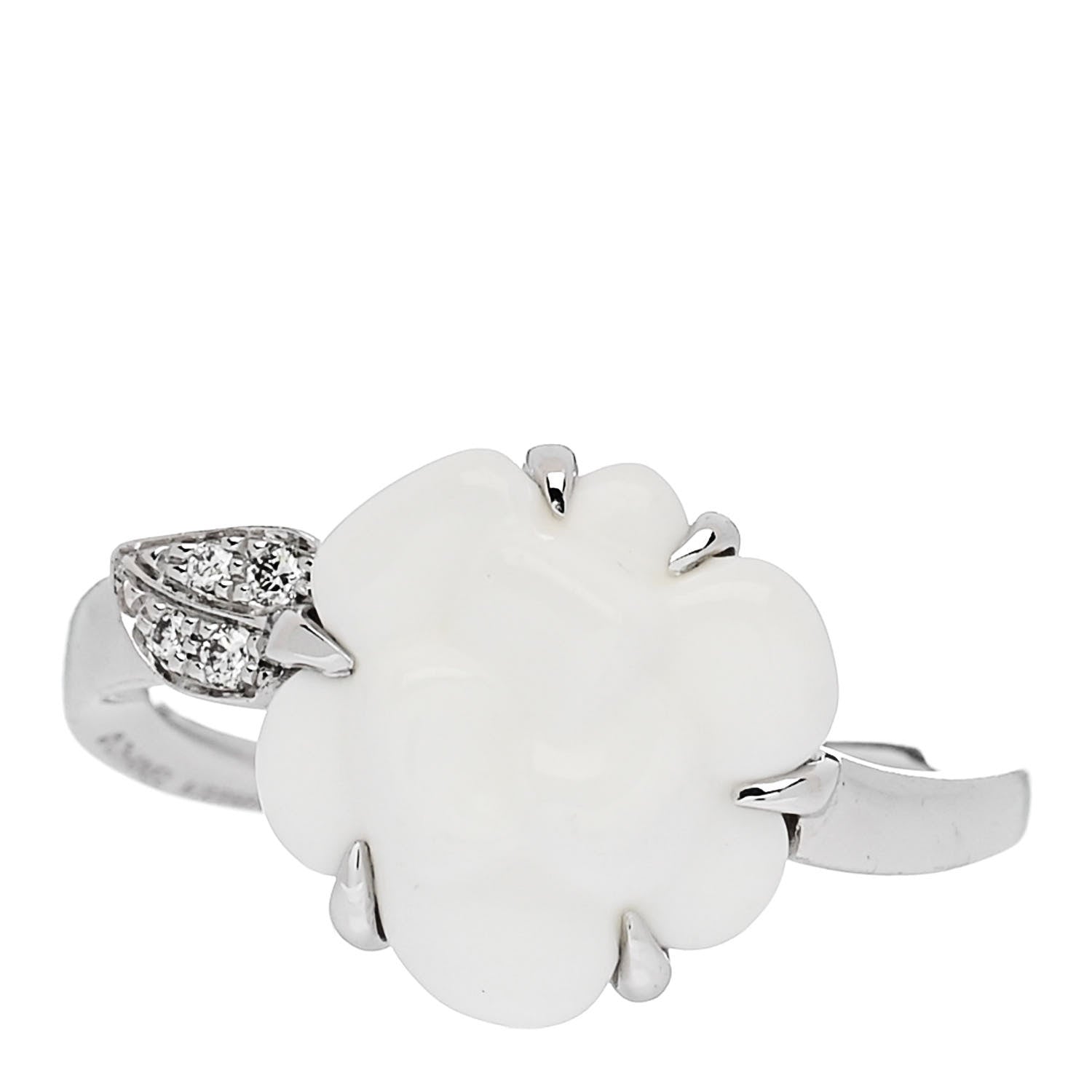 Chanel 18K White Gold Diamond Agate Camellia Ring 52 6 1 of 6