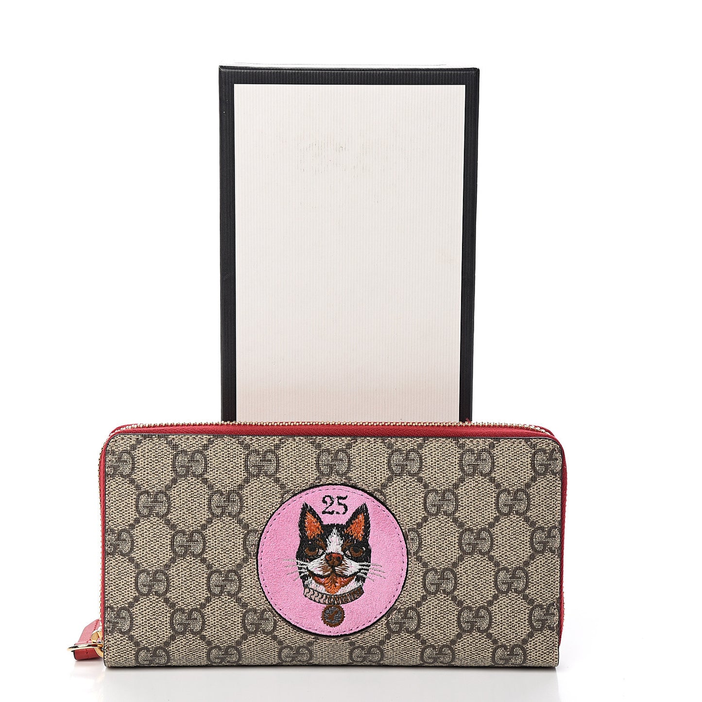 GG Supreme Monogram Bosco Patch Zip Around Wallet Beige Malva Hibiscus Red
