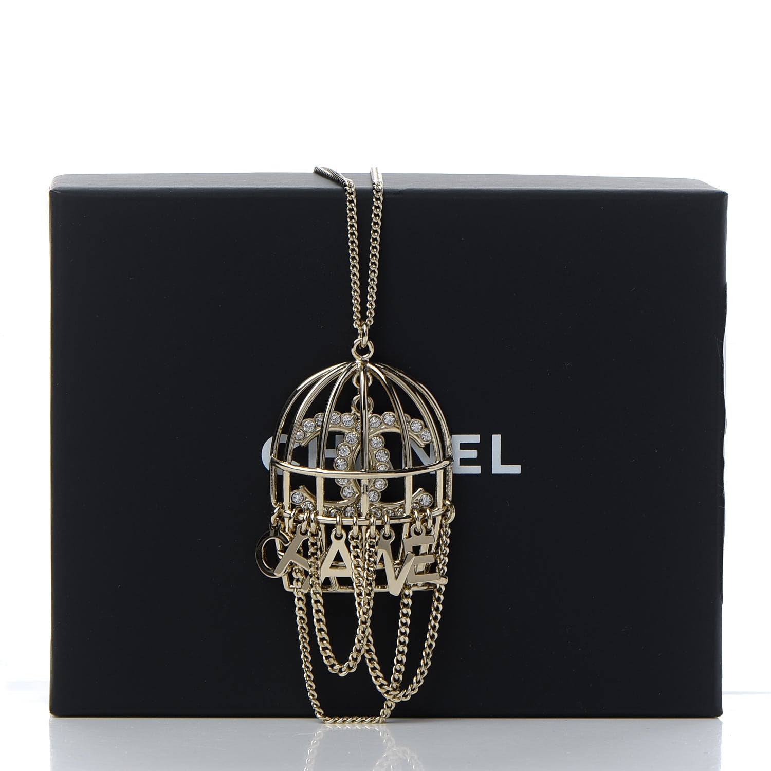 Chanel Metal Crystal Logo Bird Cage Necklace Gold 7 of 7