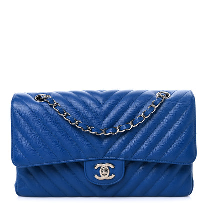 Chanel Caviar Chevron Quilted Medium Double Flap Blue 1 of 12