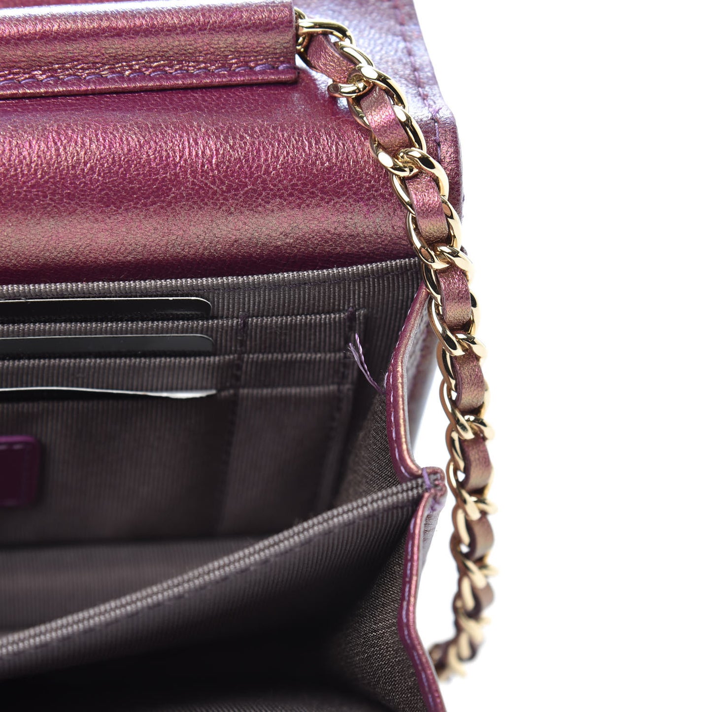 Iridescent Lambskin Quilted Mini Wallet On Chain WOC Purple