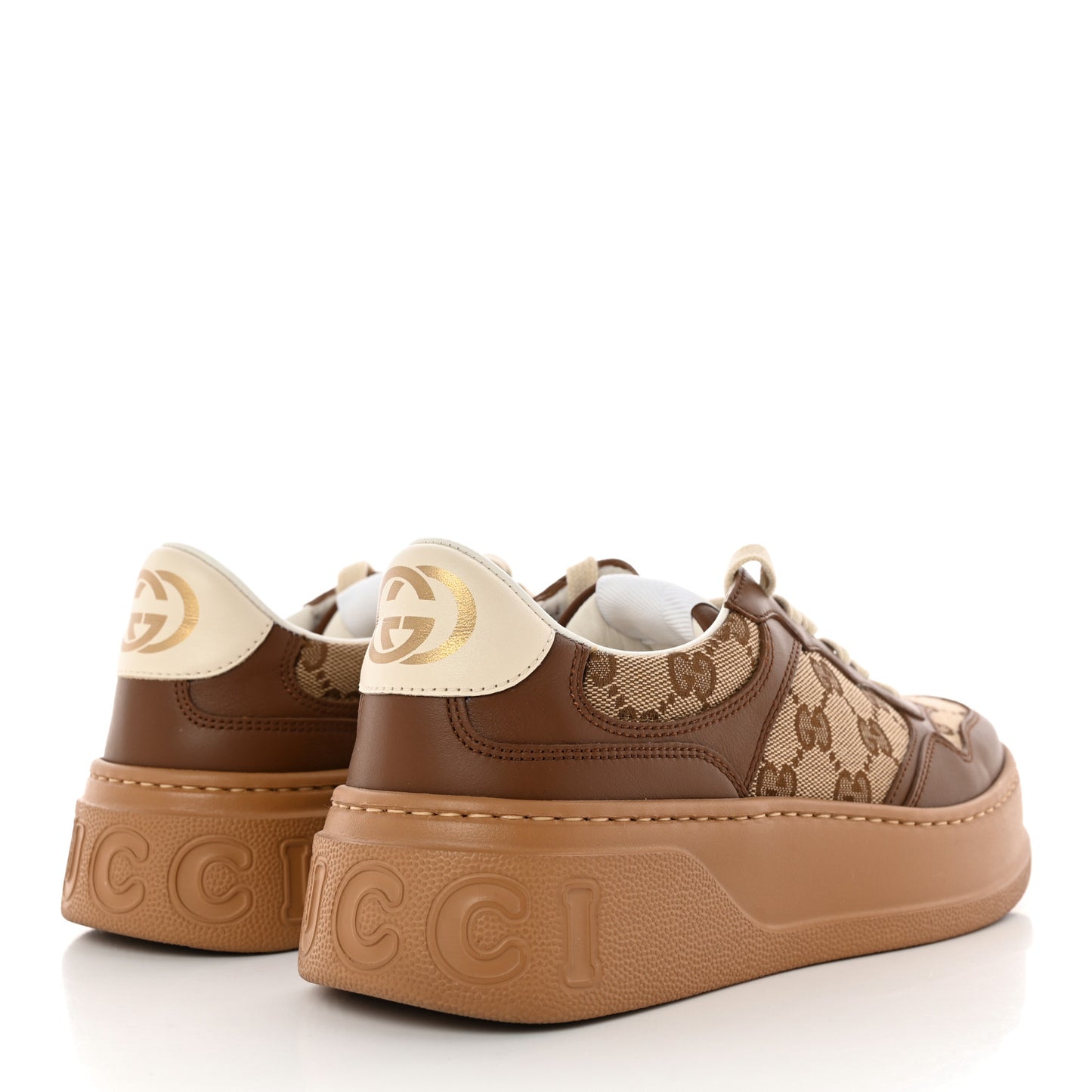 Calfskin GG Monogram Womens Platform 55mm Sneakers 38.5 Hezelnut Beige Ebony Mystic White