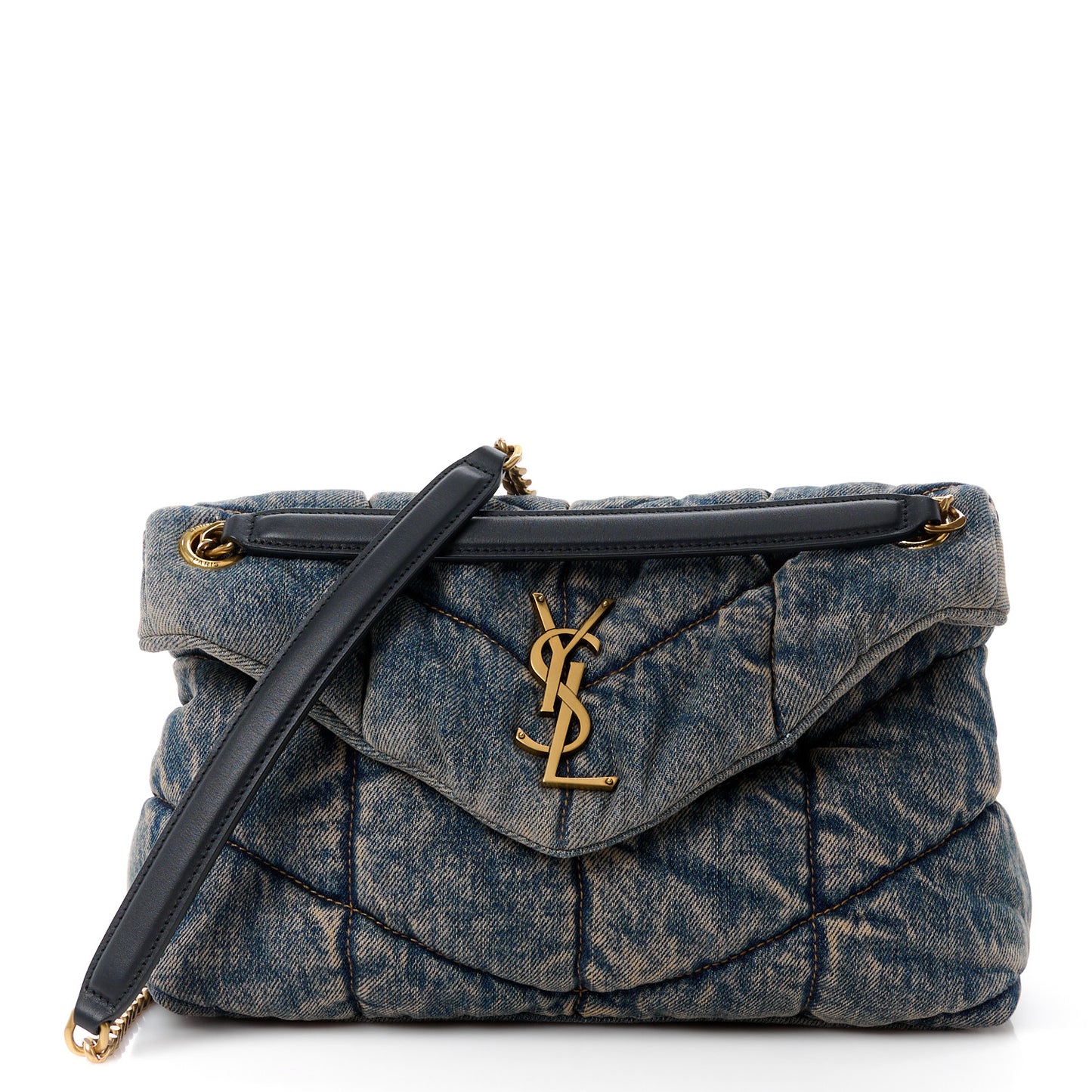 Denim Quilted Small Loulou Puffer Monogram Chain Satchel Rodeo Blue