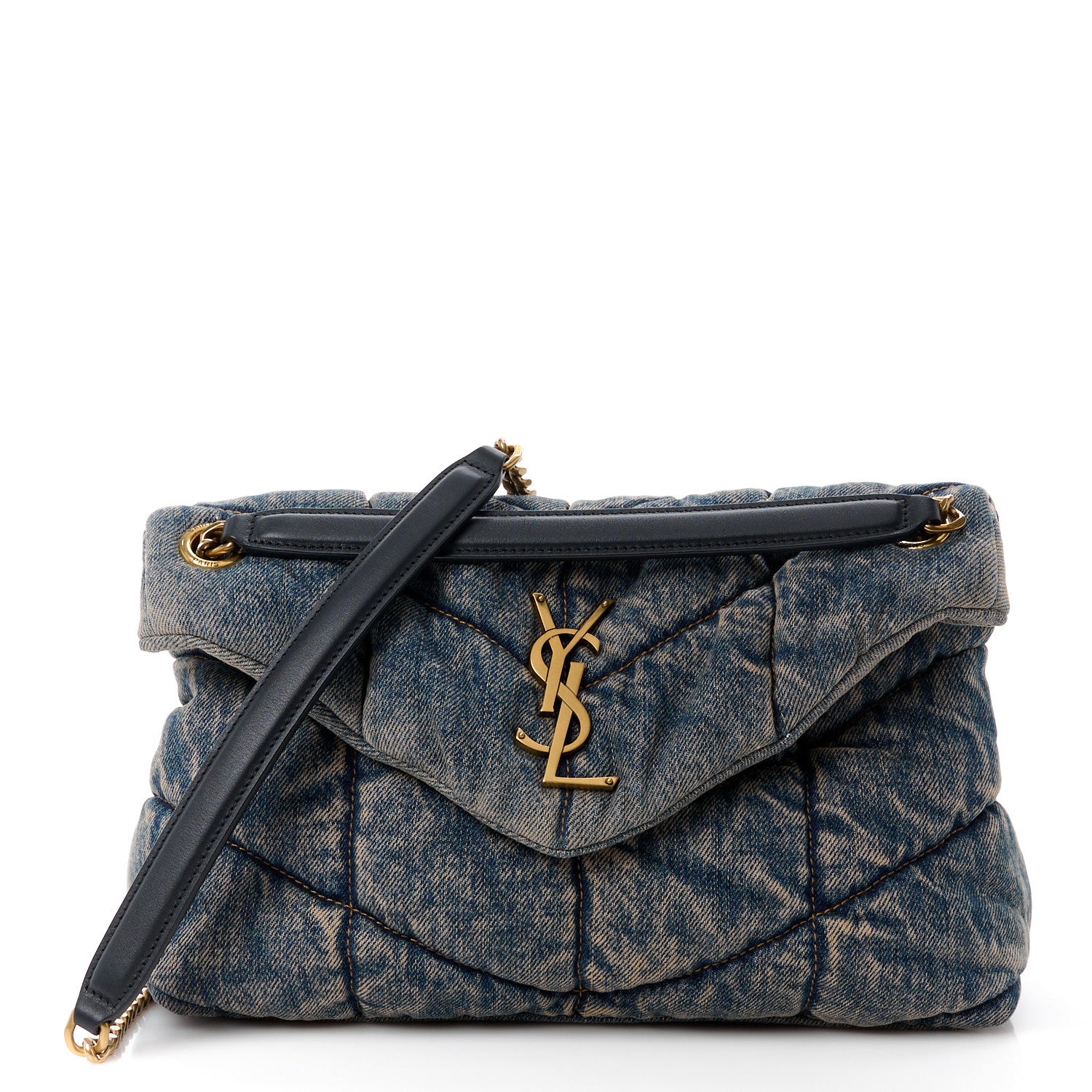 Saint Laurent Denim Quilted Small Loulou Puffer Monogram Chain Satchel Rodeo Blue 1 of 10