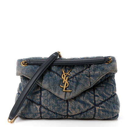 Saint Laurent Denim Quilted Small Loulou Puffer Monogram Chain Satchel Rodeo Blue 1 of 10