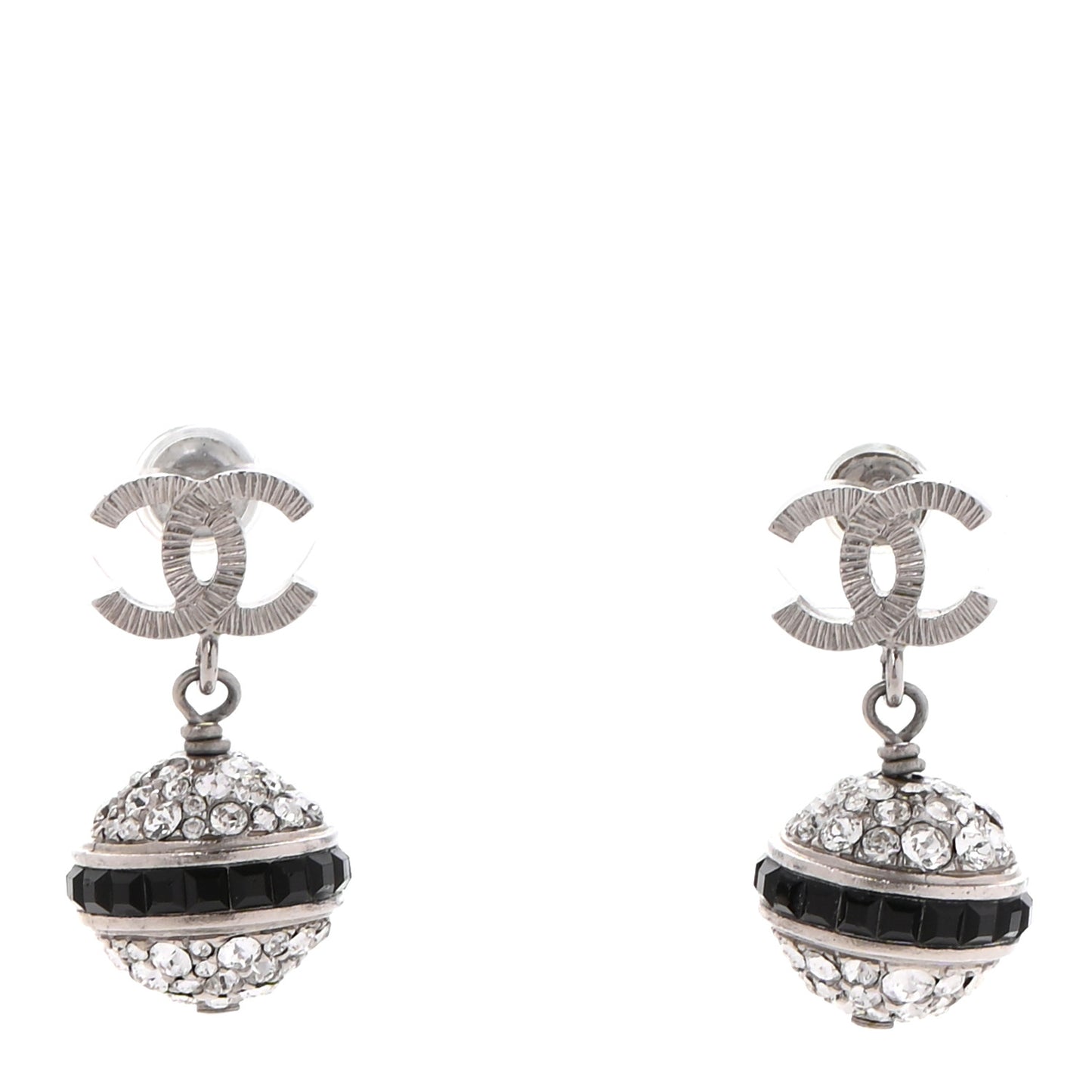 Crystal CC Drop Earrings Black Silver