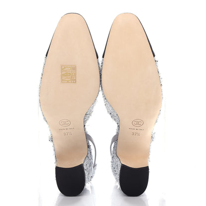 Chanel Tweed Grosgrain Cap Toe CC Slingback Pumps 37.5 Grey Silver Black 6 of 12