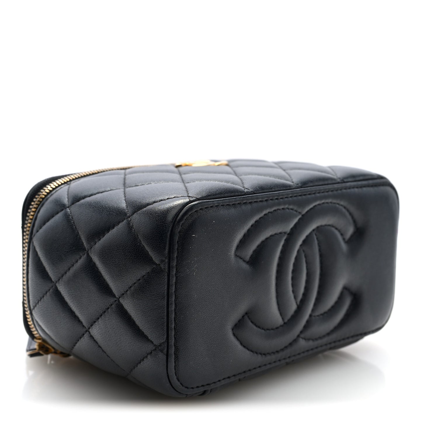 Lambskin Enamel Pearl Quilted Small Charm Me Vanity Case With Chain Black