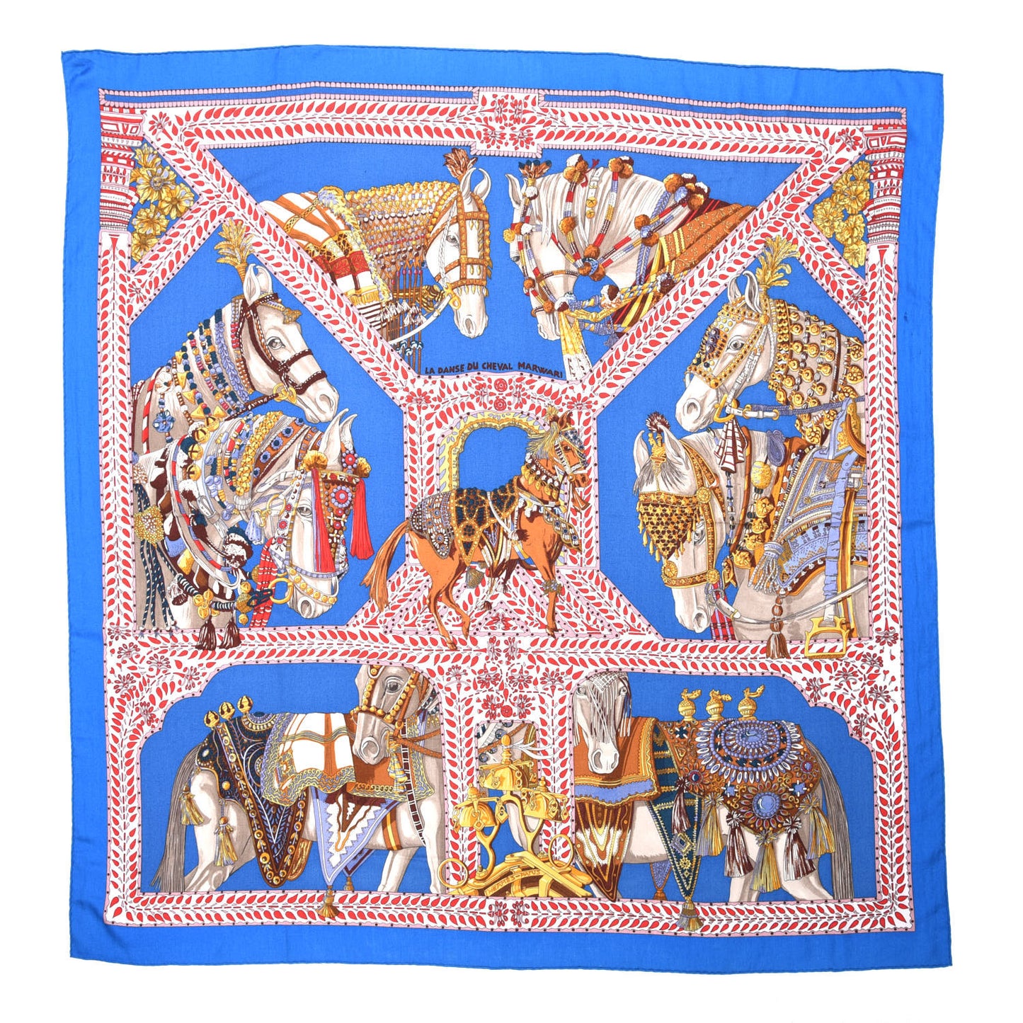 Cashmere Silk La Danse Du Cheval Shawl 140 Bleu Roy Rouge Veil Or