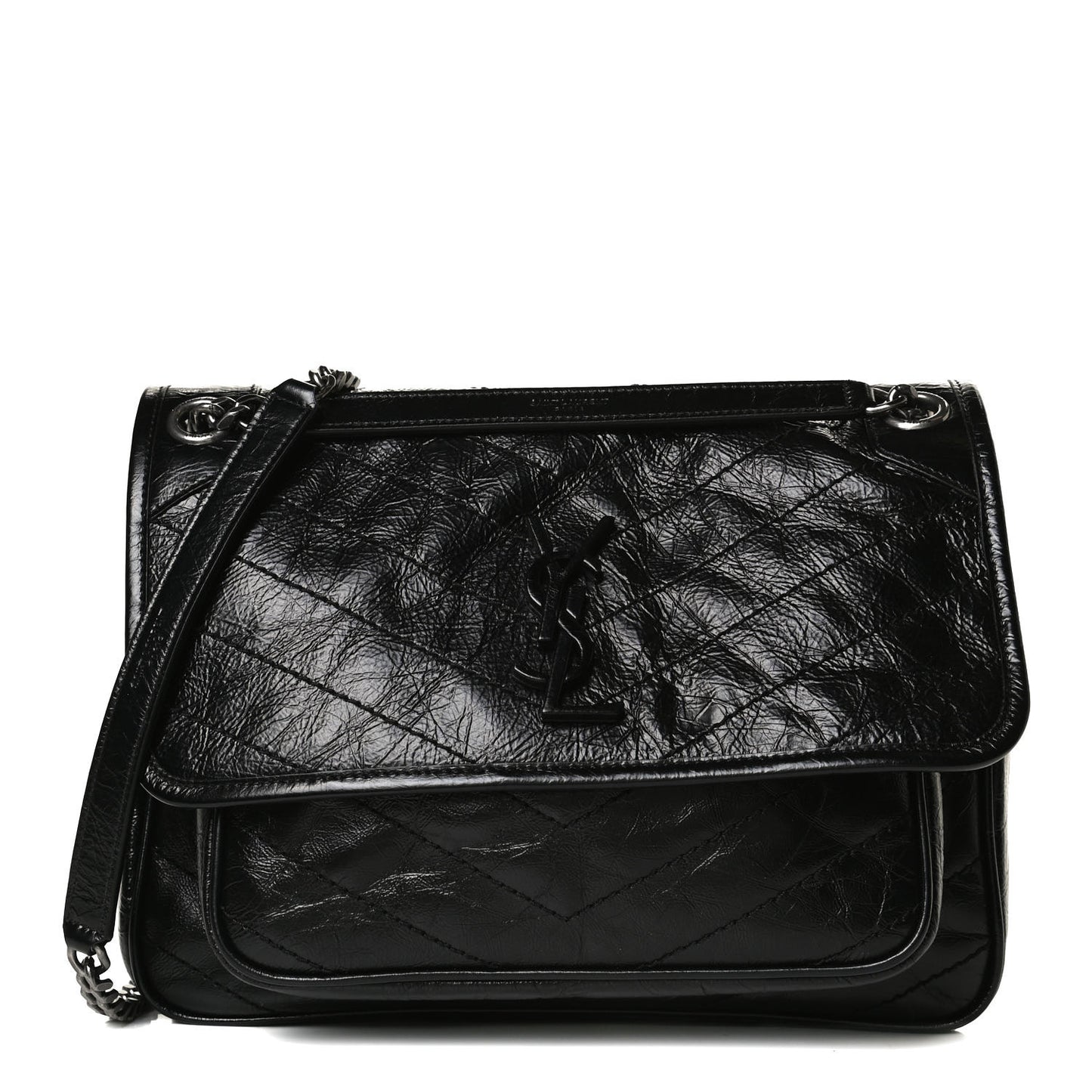 Crinkled Calfskin Matelasse Monogram Medium Niki Chain Satchel Black