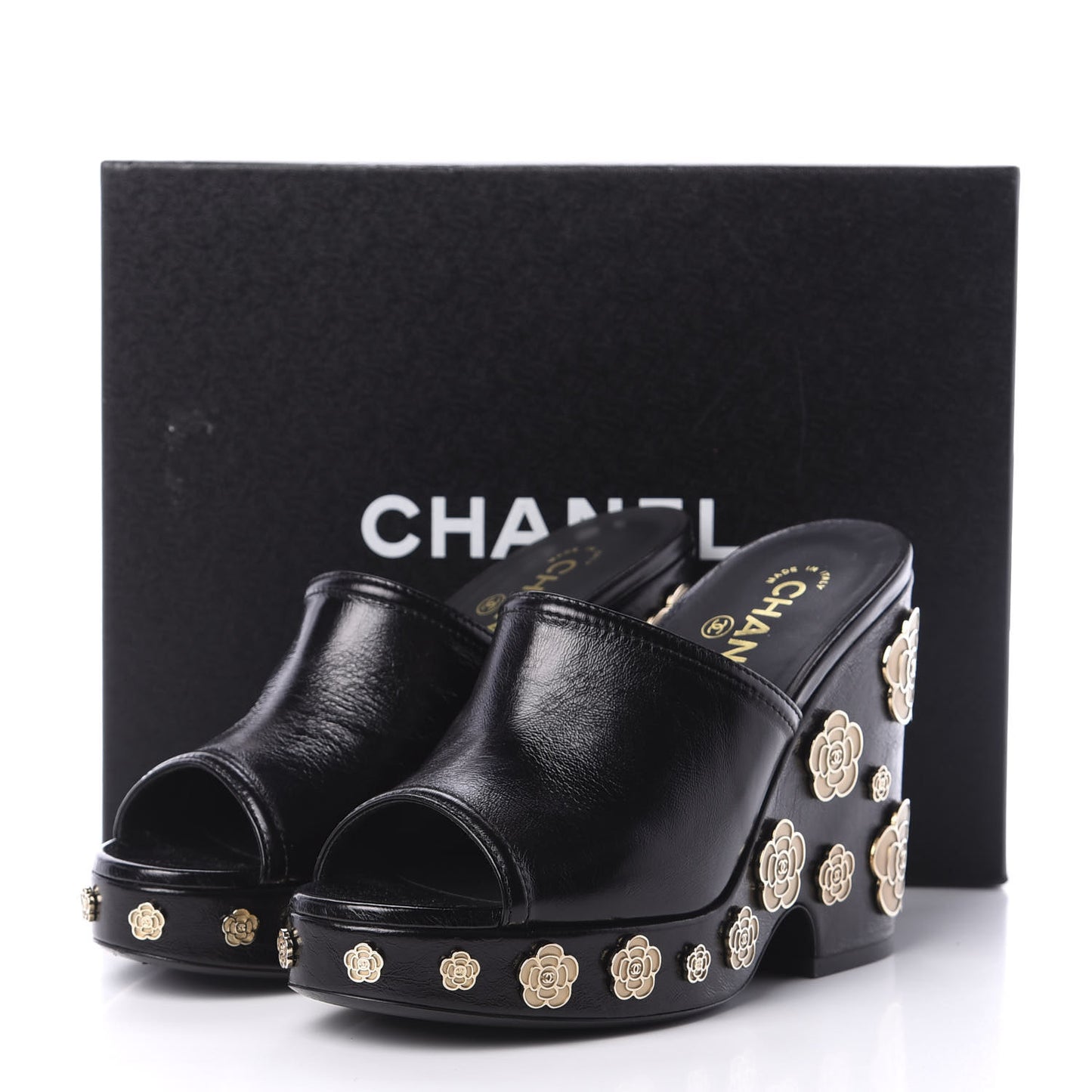 Crumpled Calfskin Camellia Wedge Mules 39 Black