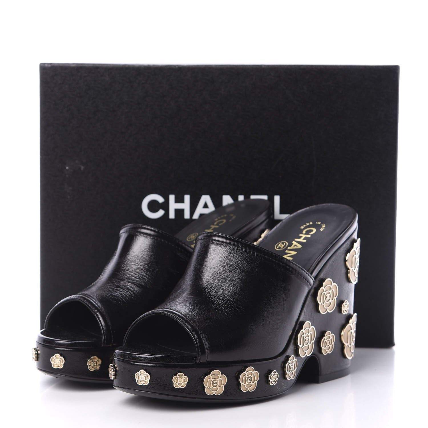 Chanel Crumpled Calfskin Camellia Wedge Mules 39 Black 9 of 9