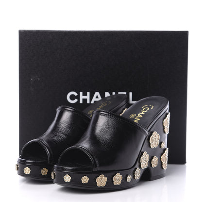 Chanel Crumpled Calfskin Camellia Wedge Mules 39 Black 9 of 9