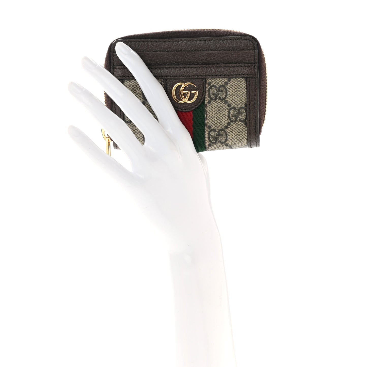 GG Supreme Monogram Textured Dollar Calfskin Web Ophidia Zip Around Card Case Wallet Beige Ebony New Acero