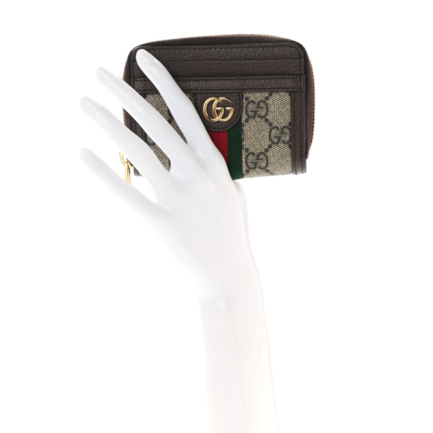 Gucci GG Supreme Monogram Textured Dollar Calfskin Web Ophidia Zip Around Card Case Wallet Beige Ebony New Acero 2 of 8