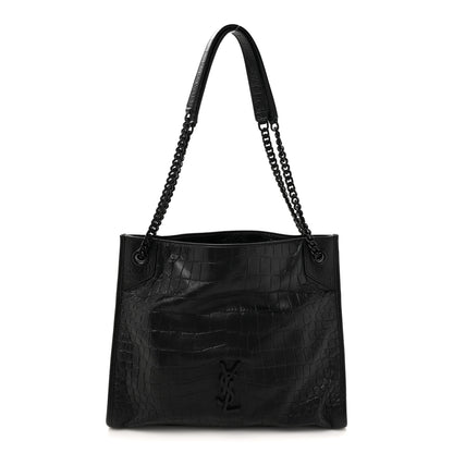 Saint Laurent Calfskin Crocodile Embossed Monogram Medium Niki Shopping Bag Black 1 of 10
