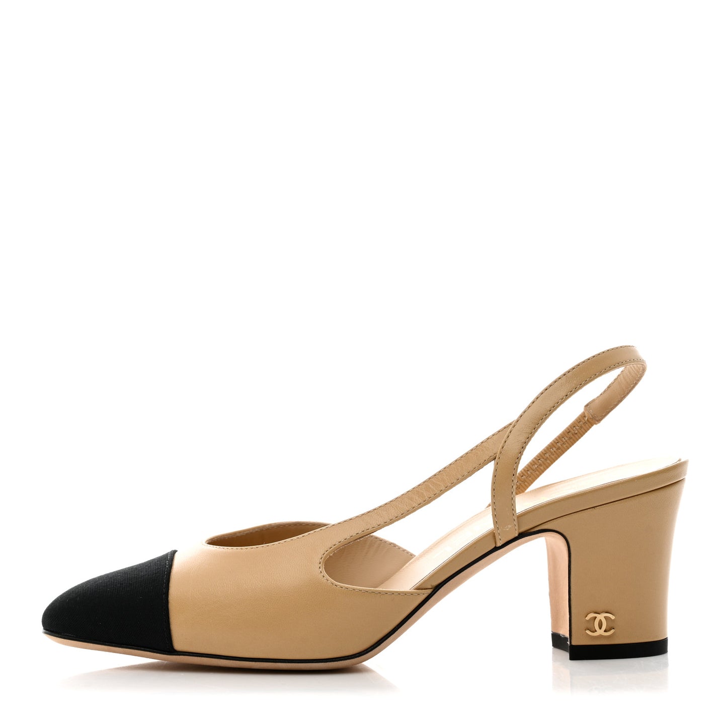 Goatskin Grosgrain Cap Toe CC Slingback Pumps 36 Beige Black