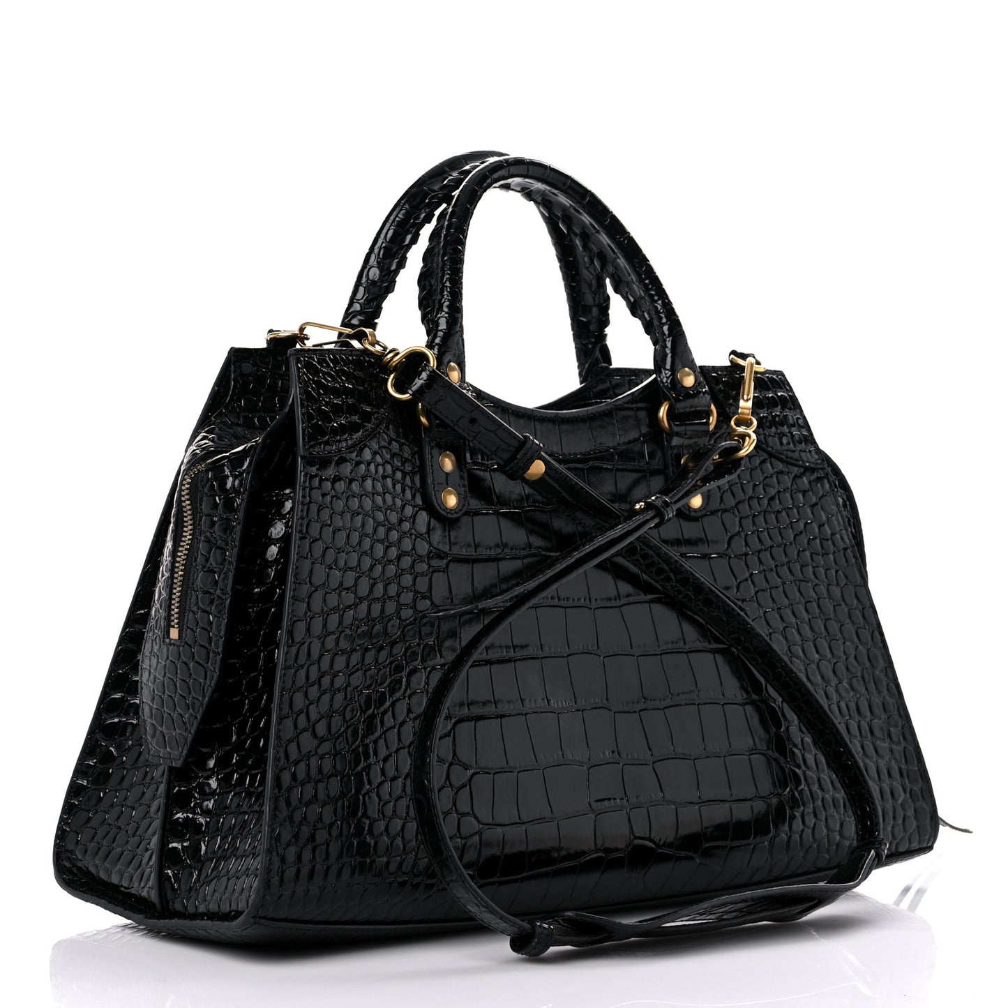 Shiny Supple Calfskin Crocodile Embossed Brass Hardware Neo Classic City Black
