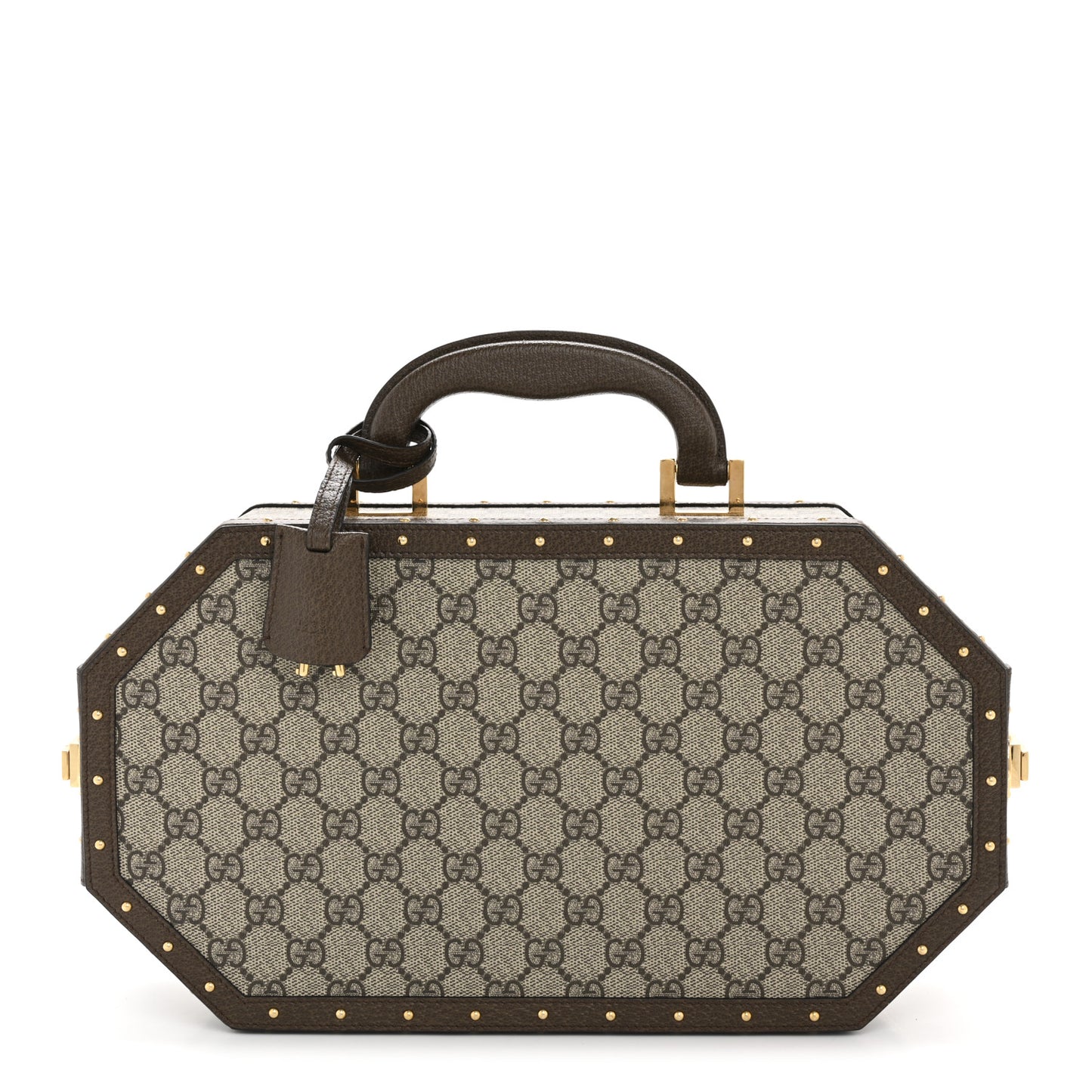 GG Supreme Monogram Textured Dollar Calfskin Studded Padlock Octogon Top Handle Pet Travel Bowl Set Case Beige Ebony New Acero