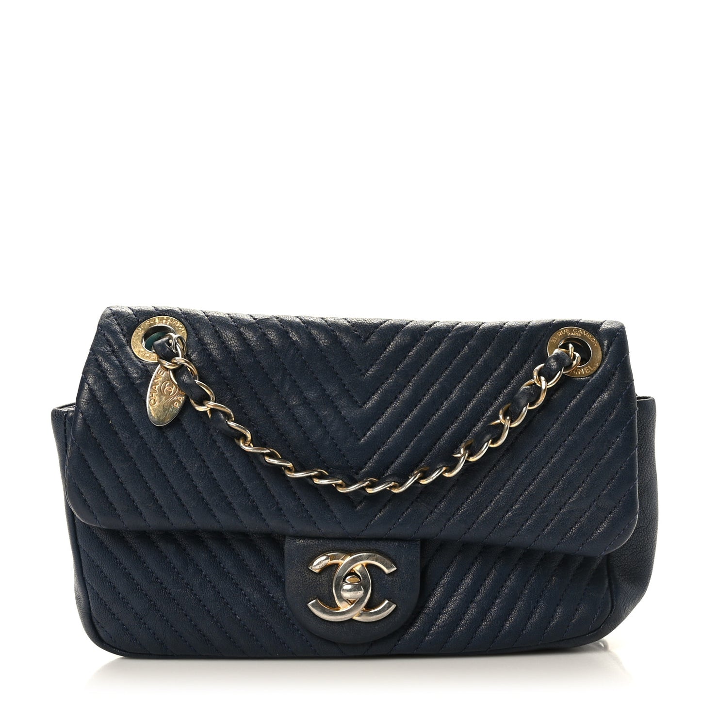 Calfskin Chevron Quilted Small Surpique Flap Navy