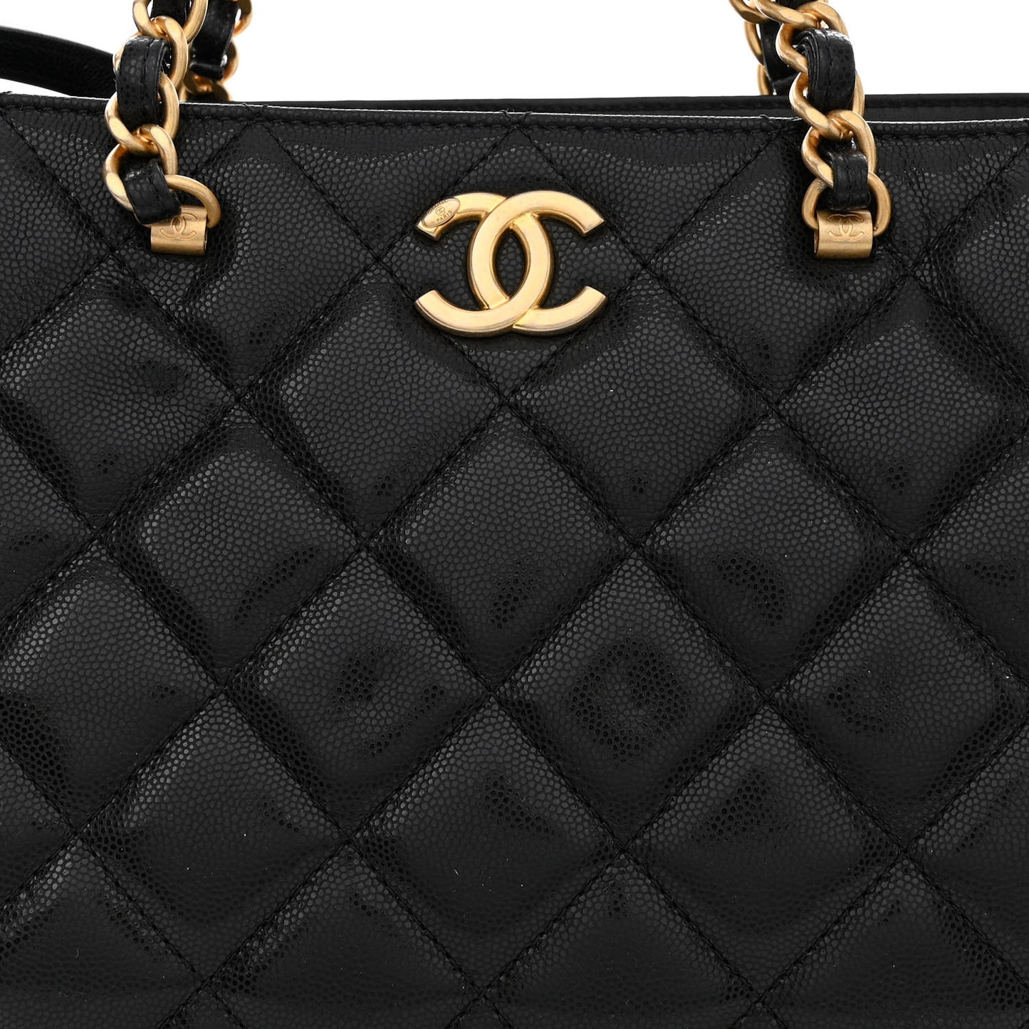 Shiny Caviar Quilted Chain Handle Shopping Tote Black