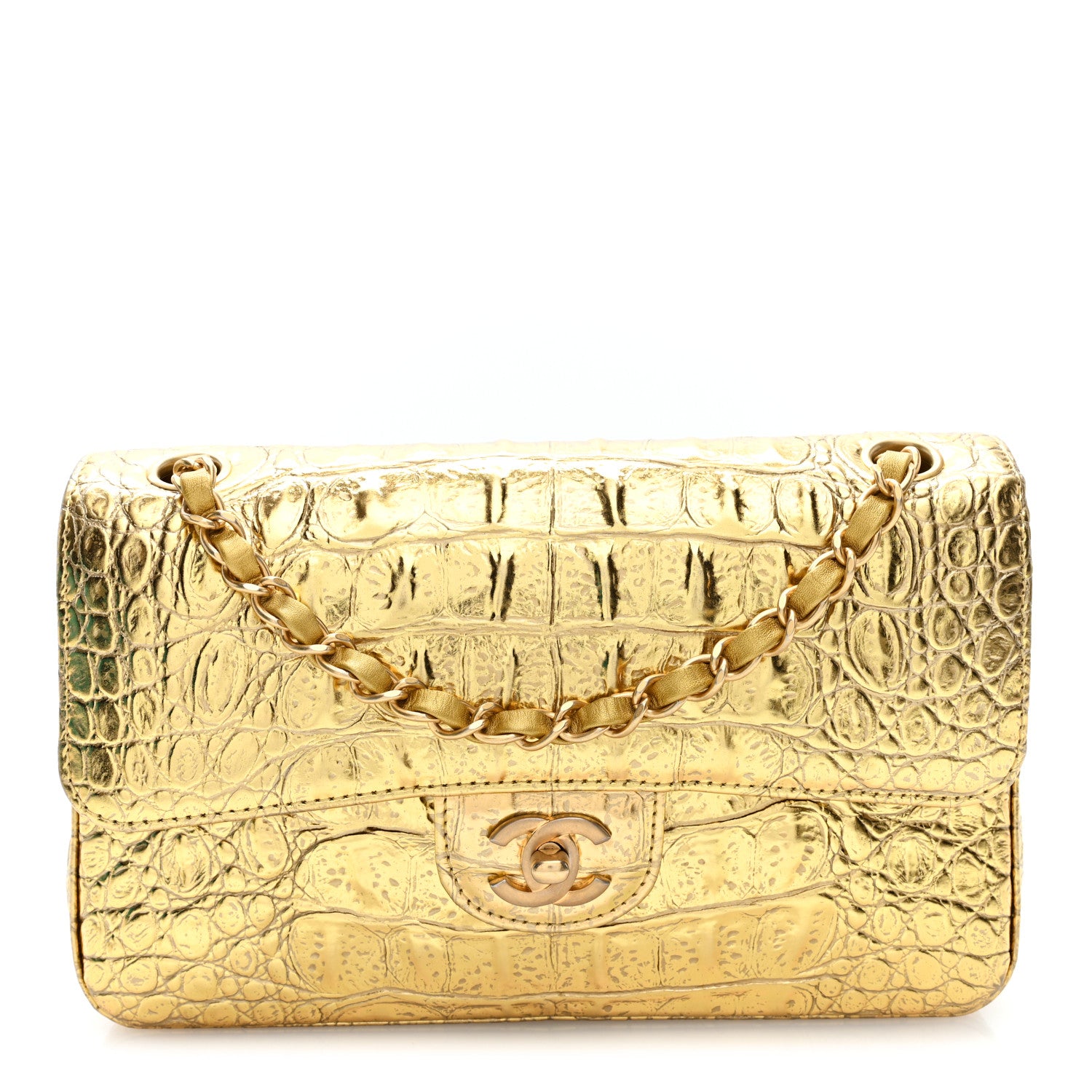 Chanel Metallic Calfskin Crocodile Embossed Cocodile Small Double Flap  Gold 1 of 10