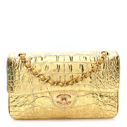 Chanel Metallic Calfskin Crocodile Embossed Cocodile Small Double Flap  Gold 1 of 10