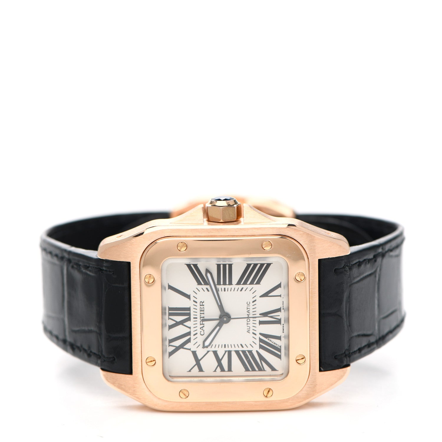 Cartier 18K Pink Gold Alligator 33mm Santos 100 Automatic Watch 2 of 4