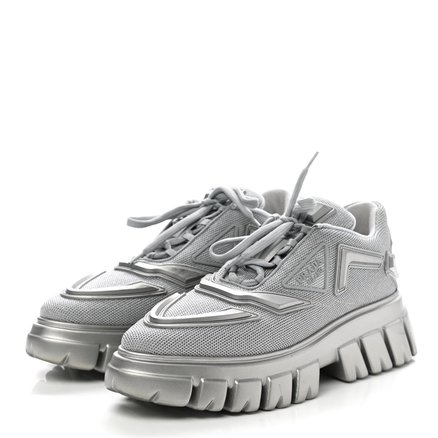 Prada Rubber Technical Knit Fabric Triangle Logo Evolution 55mm Sneakers 38 Argento 3 of 9