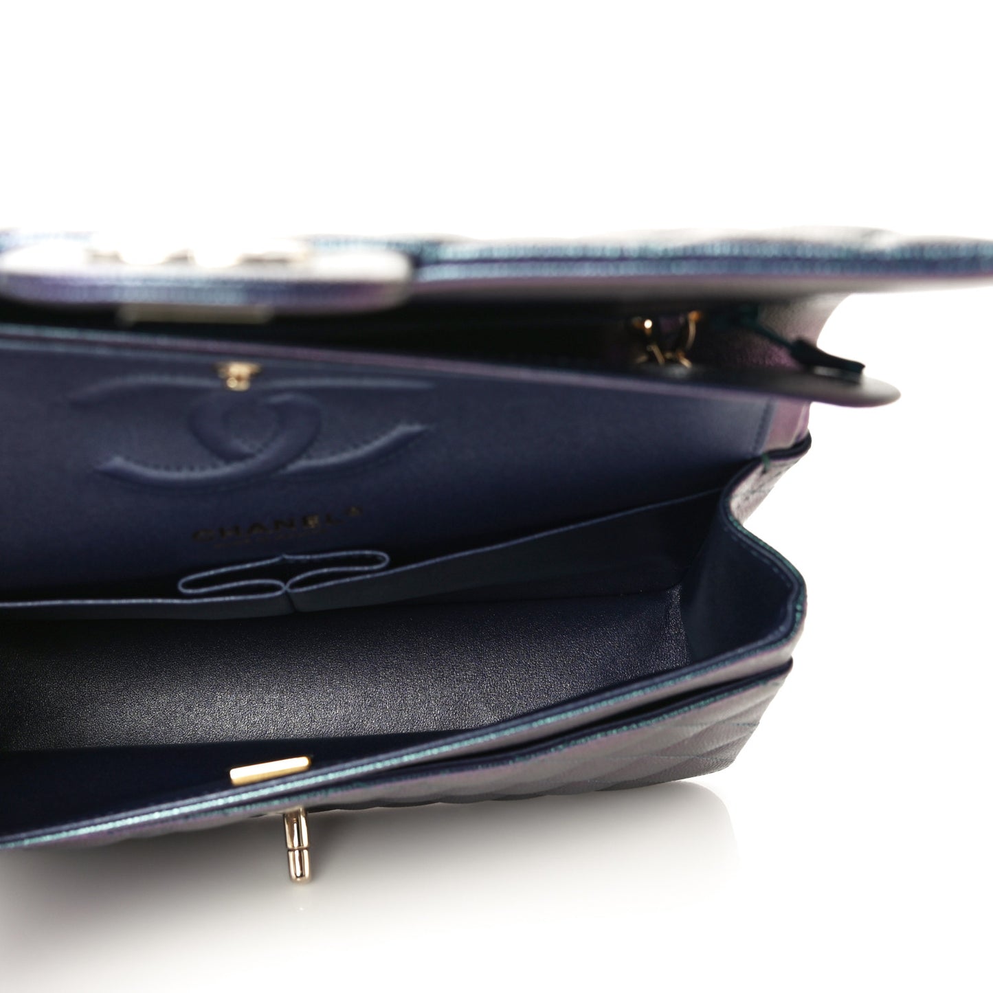 Iridescent Caviar Quilted Medium Double Flap Dark Blue