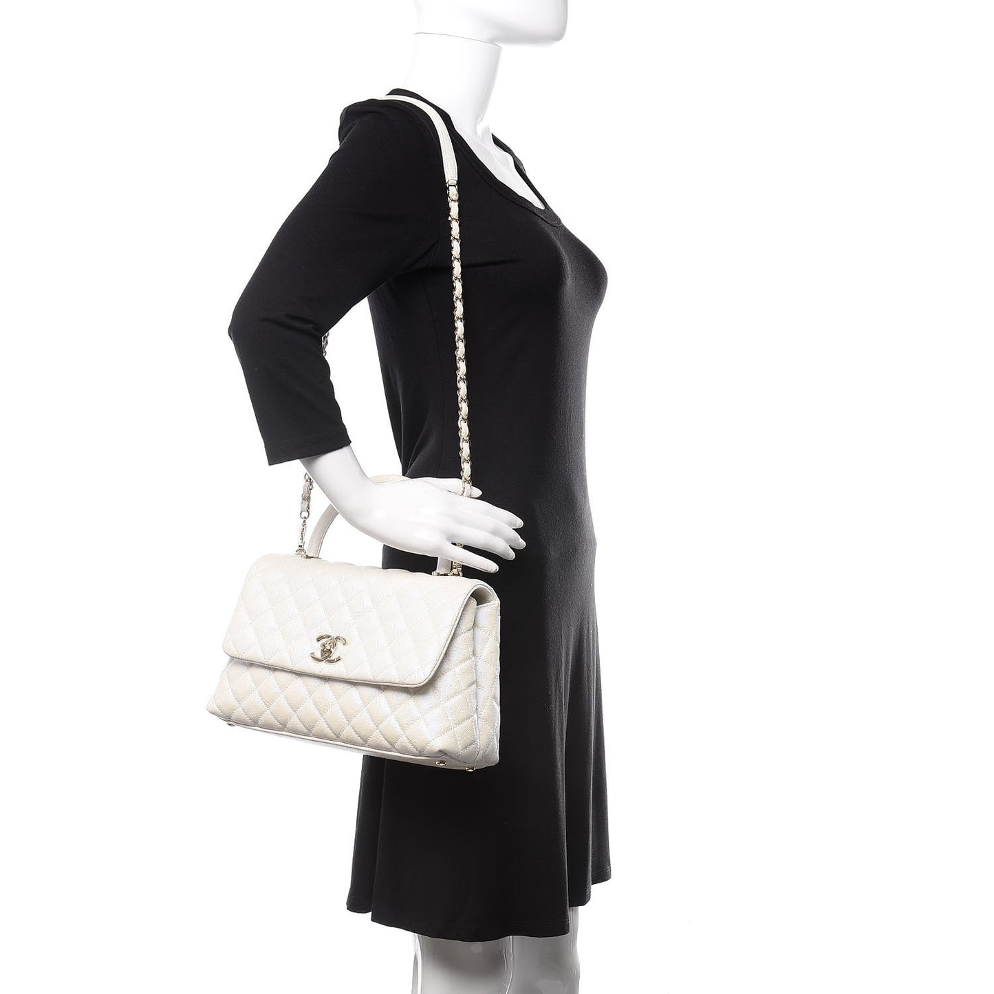 Iridescent Caviar Quilted Small Coco Handle Flap White