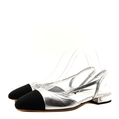 Chanel Metallic Lambskin Grosgrain Cap Toe CC Slingback Flats 36 Black Silver 4 of 8