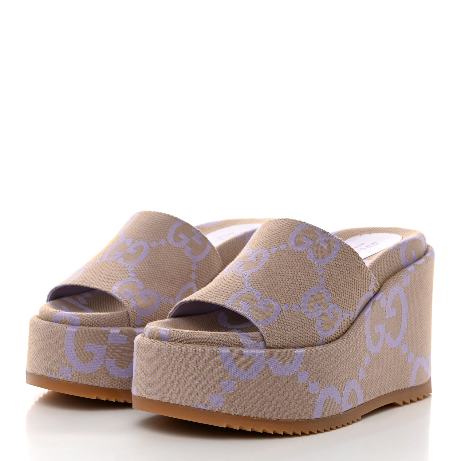Gucci Monogram Jumbo GG Platform Slide Wedge Sandals 37.5 Beige Lapis 3 of 9
