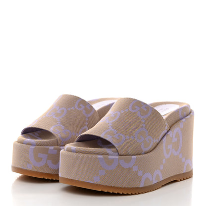 Gucci Monogram Jumbo GG Platform Slide Wedge Sandals 37.5 Beige Lapis 3 of 9