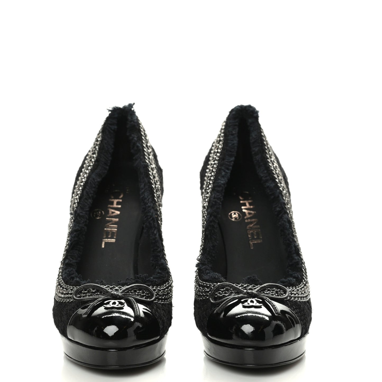 Tweed Patent Cap Toe CC Chain Pumps 36 Black