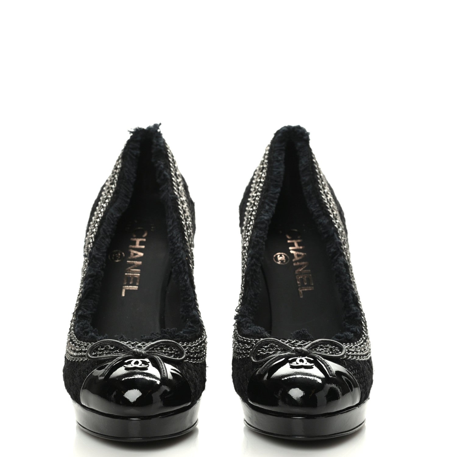 Chanel Tweed Patent Cap Toe CC Chain Pumps 36 Black 4 of 9
