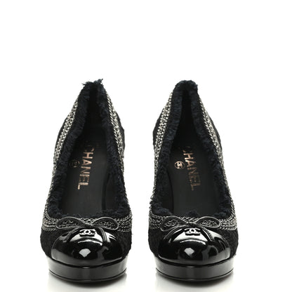 Chanel Tweed Patent Cap Toe CC Chain Pumps 36 Black 4 of 9
