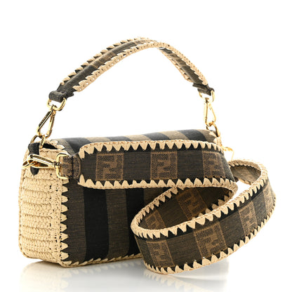 Fendi Fabric Jacquard Raffia Straw Pequin Gingham Woven Baguette Beige Black Natural 3 of 10