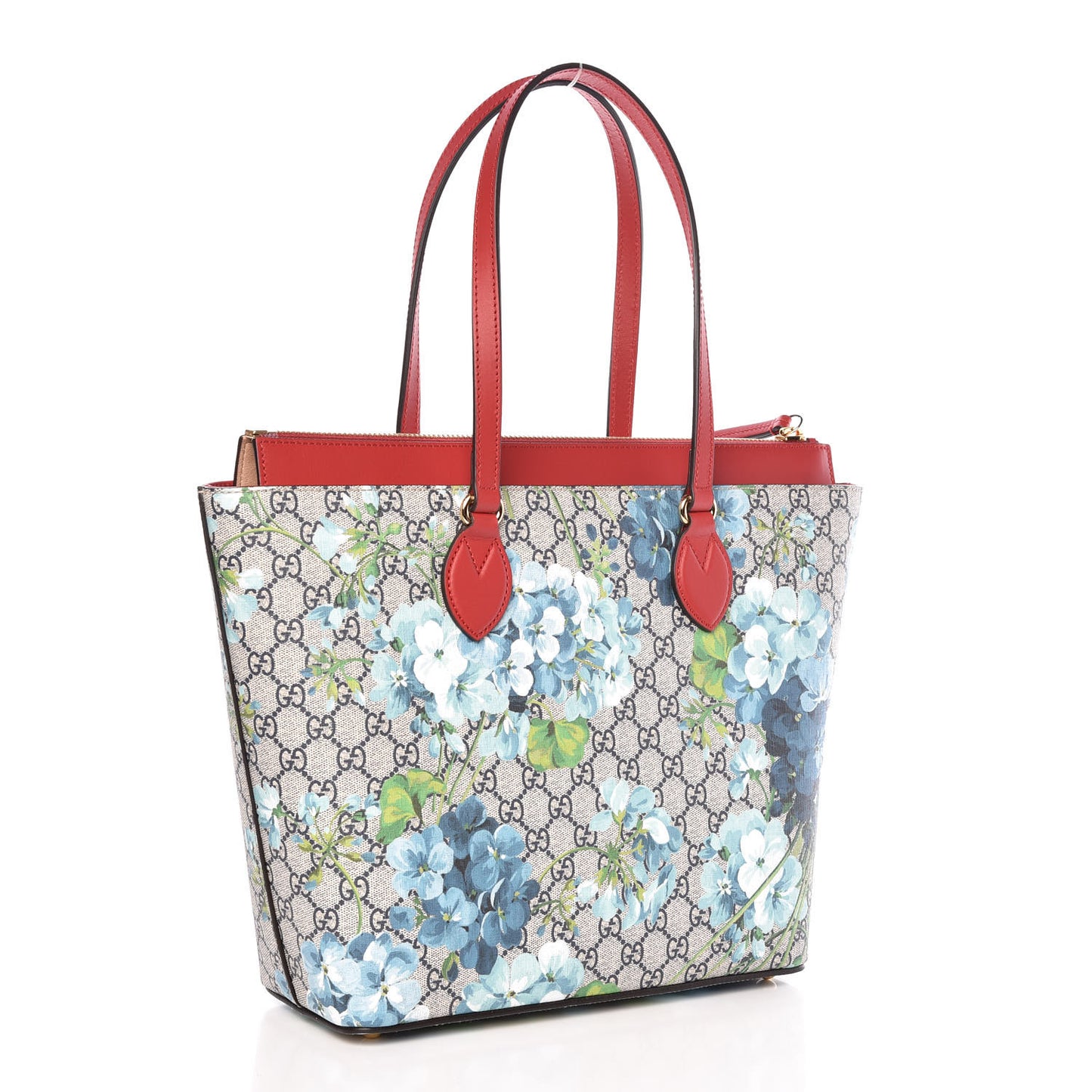 GG Supreme Monogram Blooms Medium Zippered Bucket Tote Beige Blue Navy Hibiscus Red