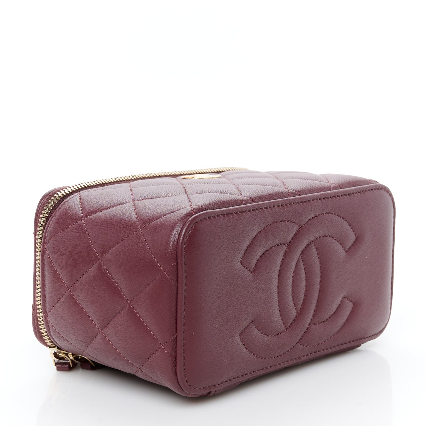Lambskin Quilted Metal Small Top Handle Vanity Case With Chain Burgundy