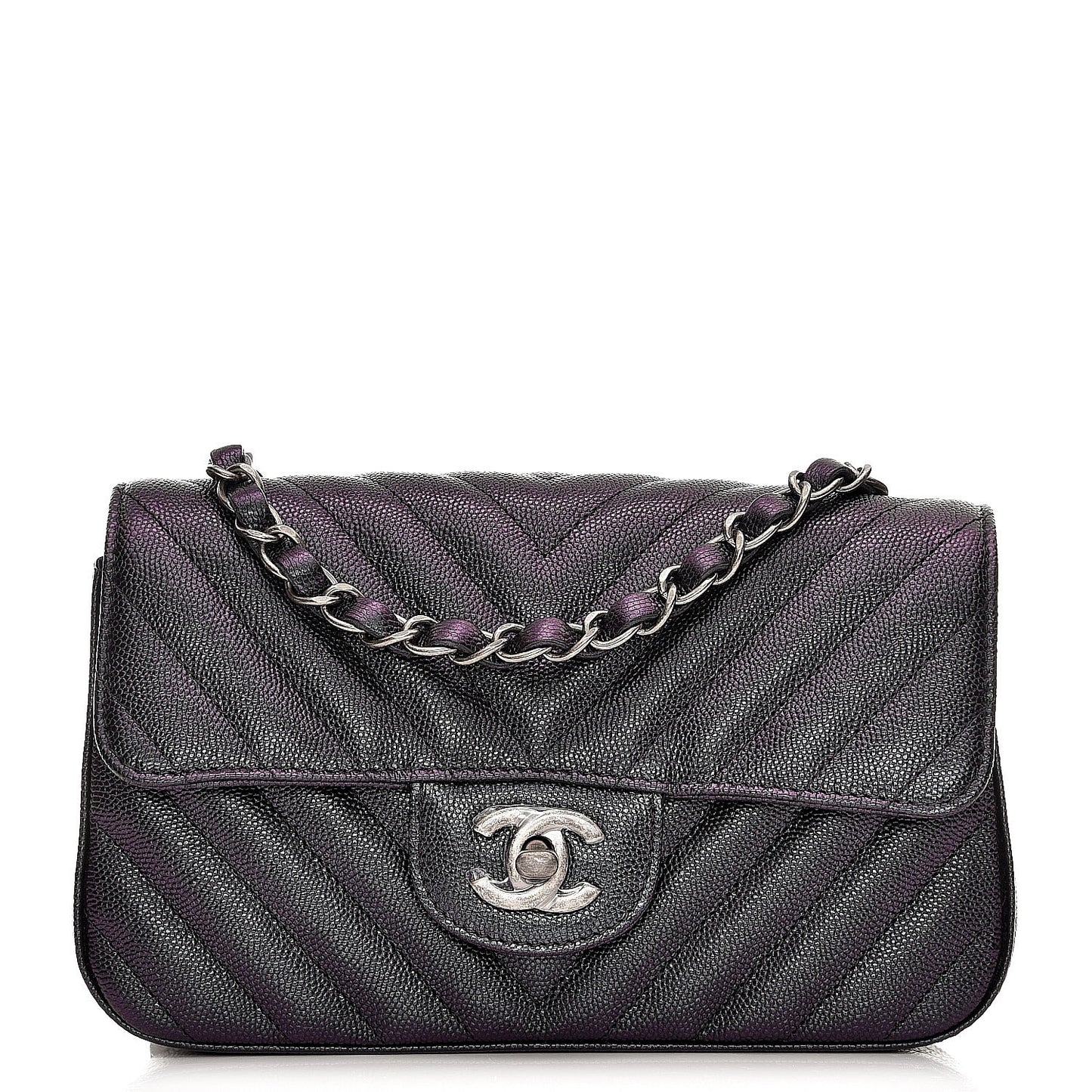 Metallic Caviar Chevron Quilted Mini Rectangular Flap Black