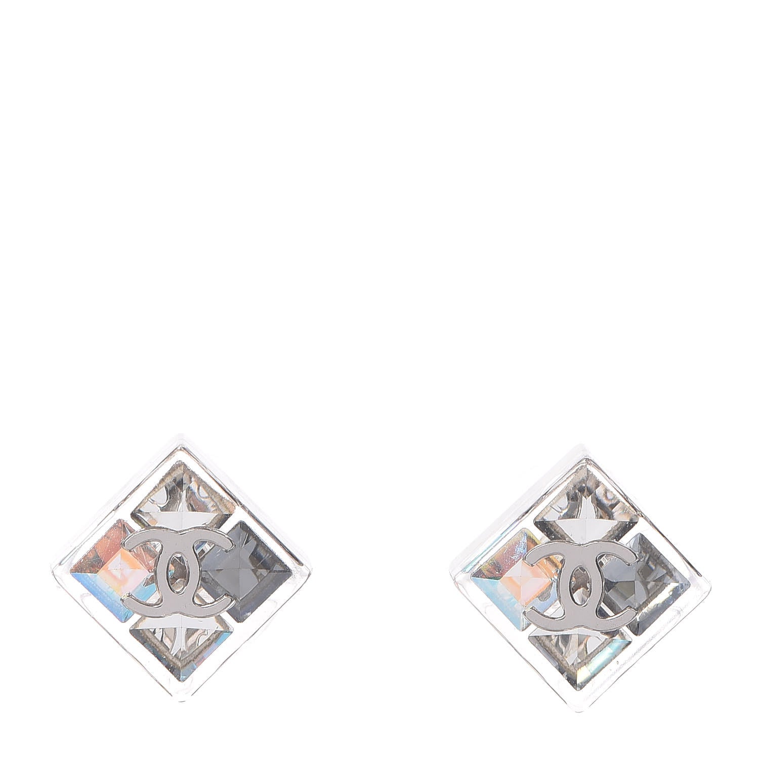 Chanel Transparent Resin Iridescent Crystal CC Cube Earrings Silver 1 of 5