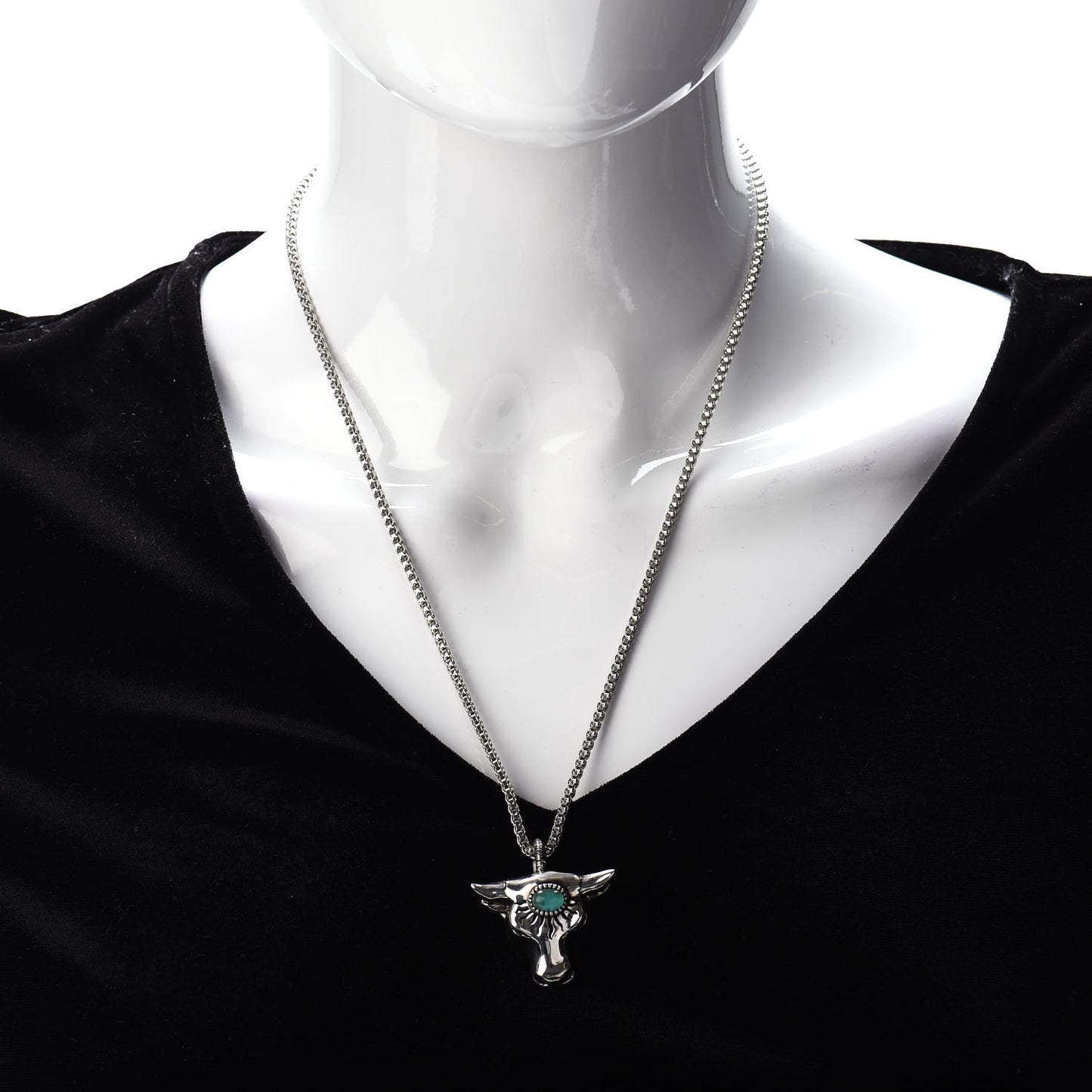 Sterling Silver Glass Anger Forest Bull Head Necklace Green