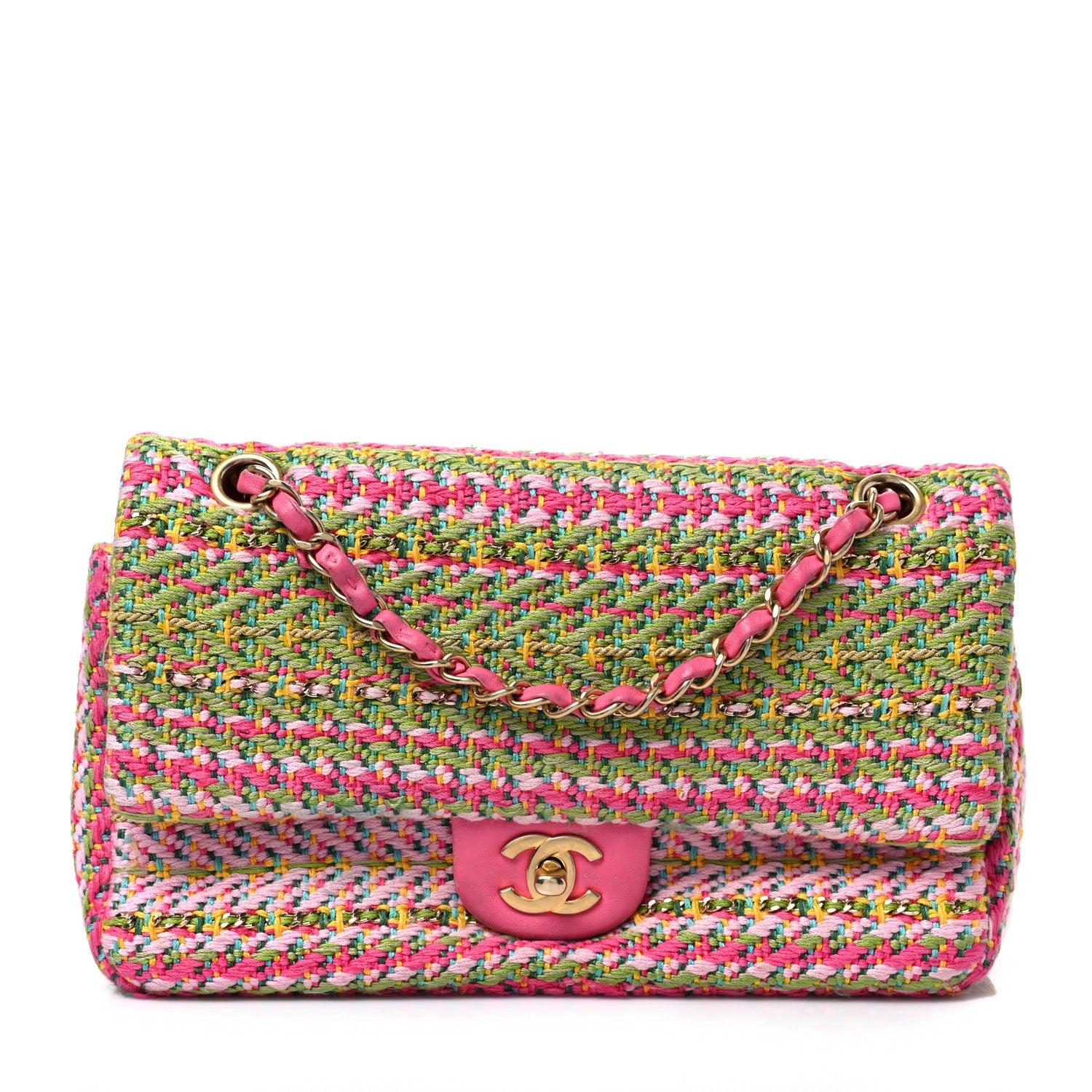 Chanel Cotton Mixed Fibers Woven Medium Flap Pink Green 1 of 8