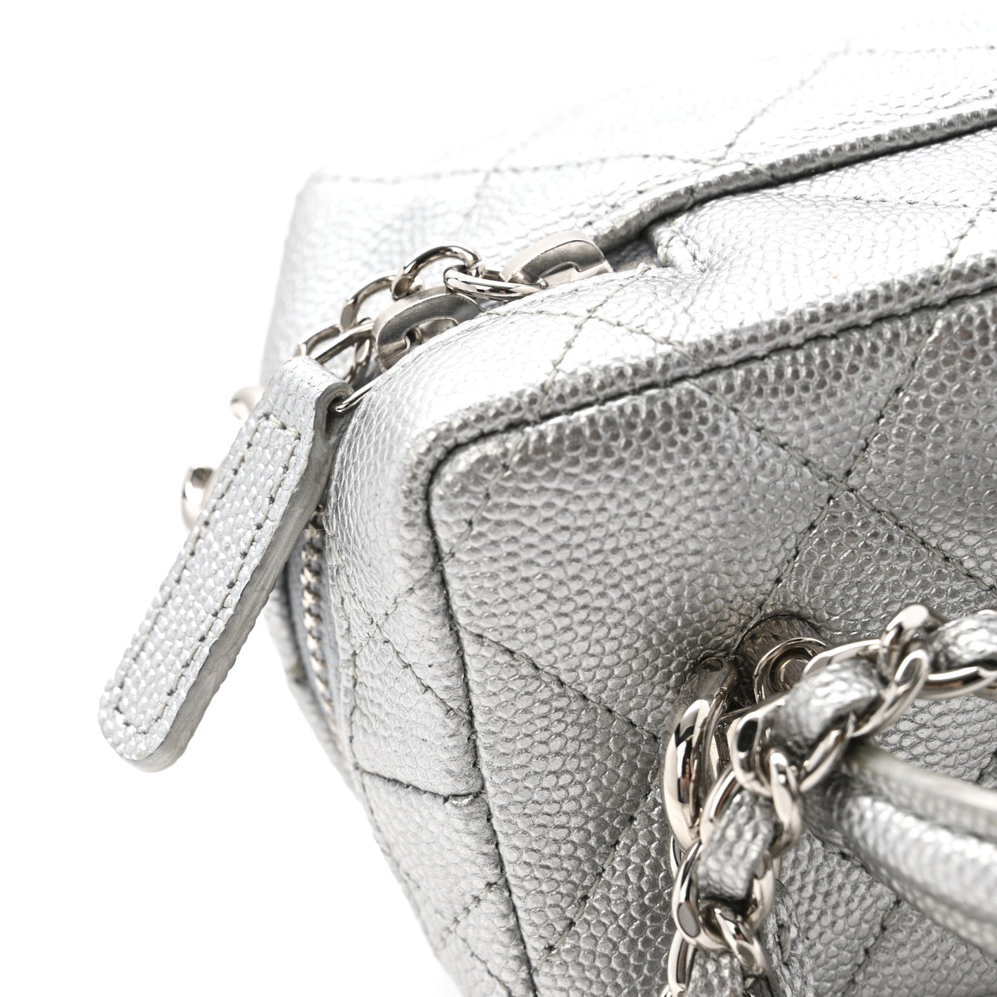 Metallic Caviar Quilted Mini Top Handle Vanity With Chain Silver